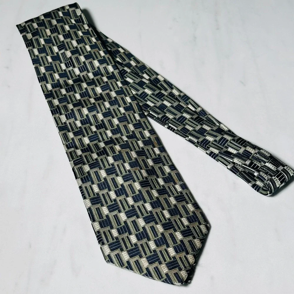 BURMA BIBAS Geometric 2-Tone Green Blue Check 100% Silk Necktie Tie
